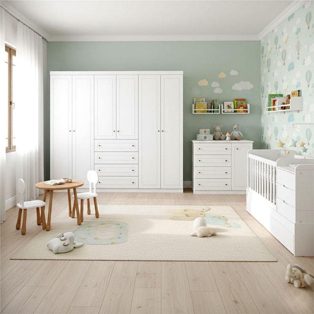 Quarto Infantil 6 Portas Mississpi Com Berço Multifuncional Cleo Ambiente Branco Fosco - Henn