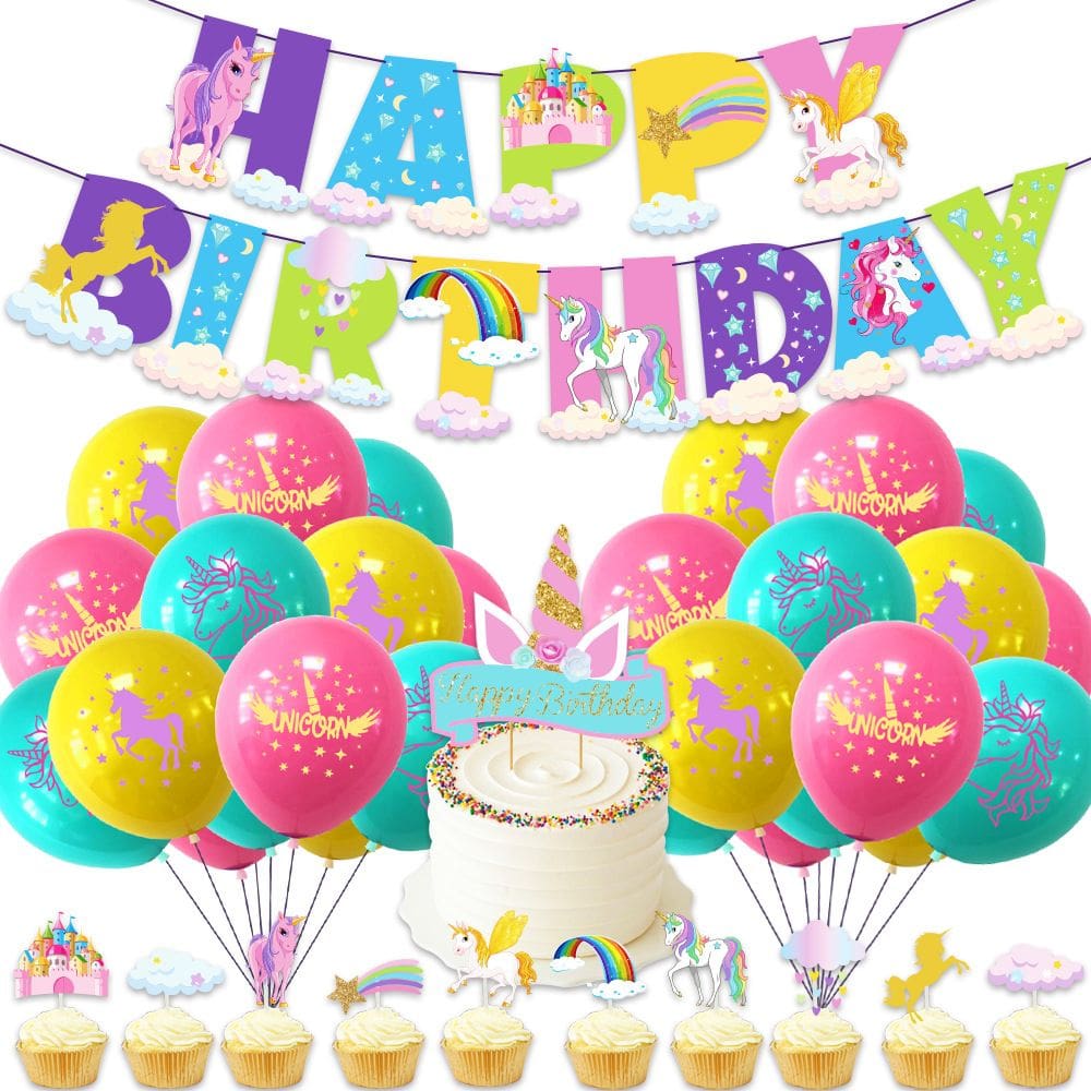 Conjunto de decoração de festa de unicórnio, 30 unidades com banner, cobertura de bolo