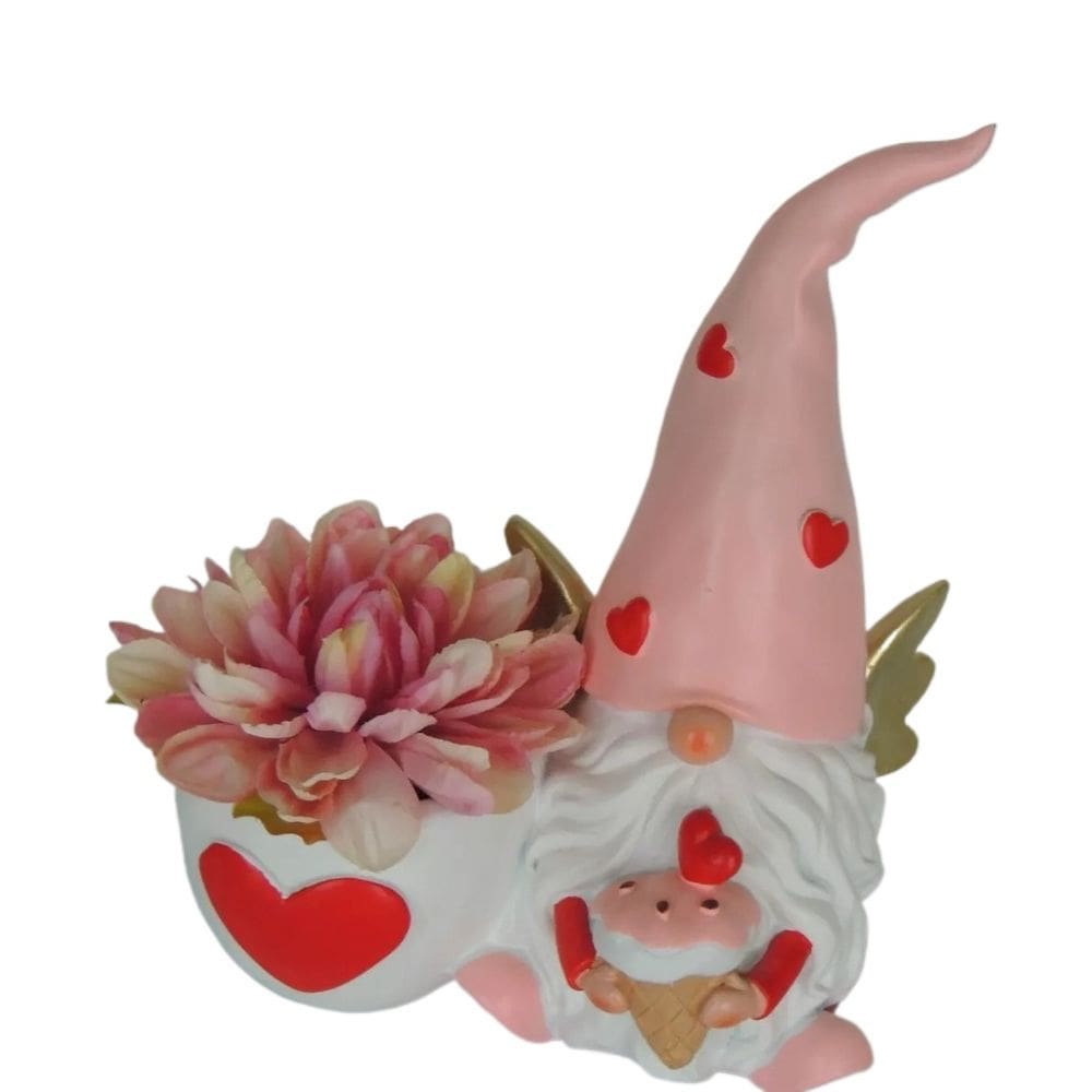Gnomo de resina de vaso de flores com design de coração e asas de anjo