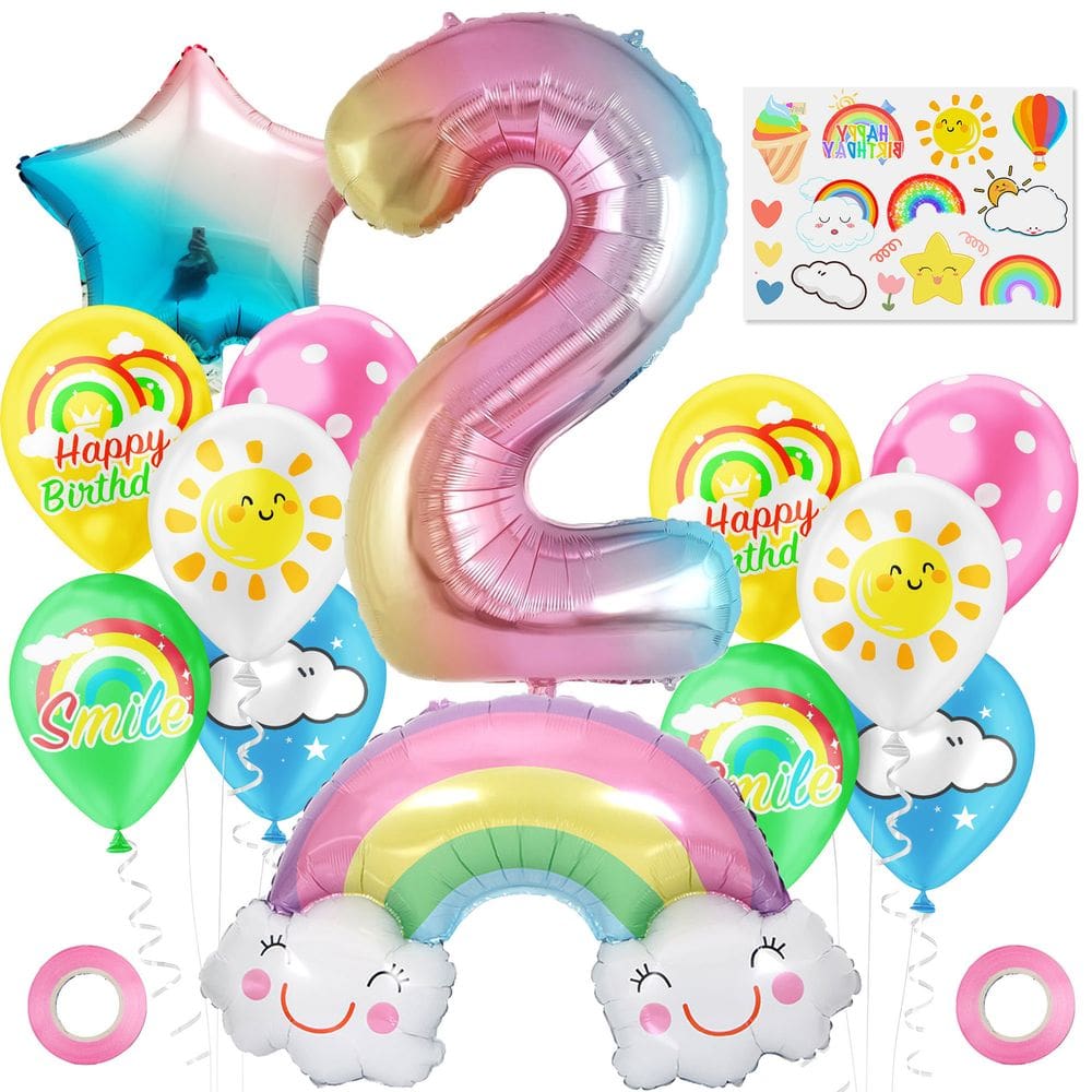 Conjunto de balões Rainbow Theme Foil Number 2, 13 unidades com Cloud Sun