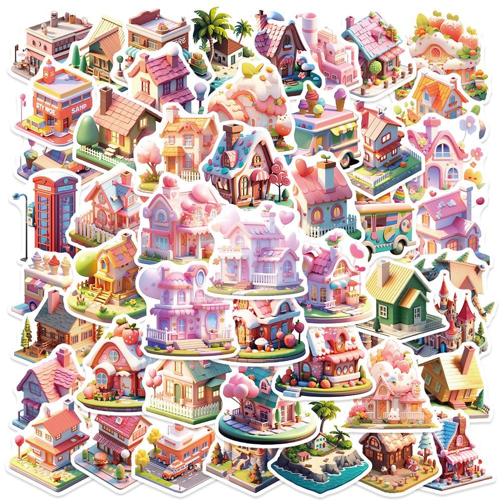 Pacote de adesivos 3D Miniature House, 50 unidades de desenhos animados criativos