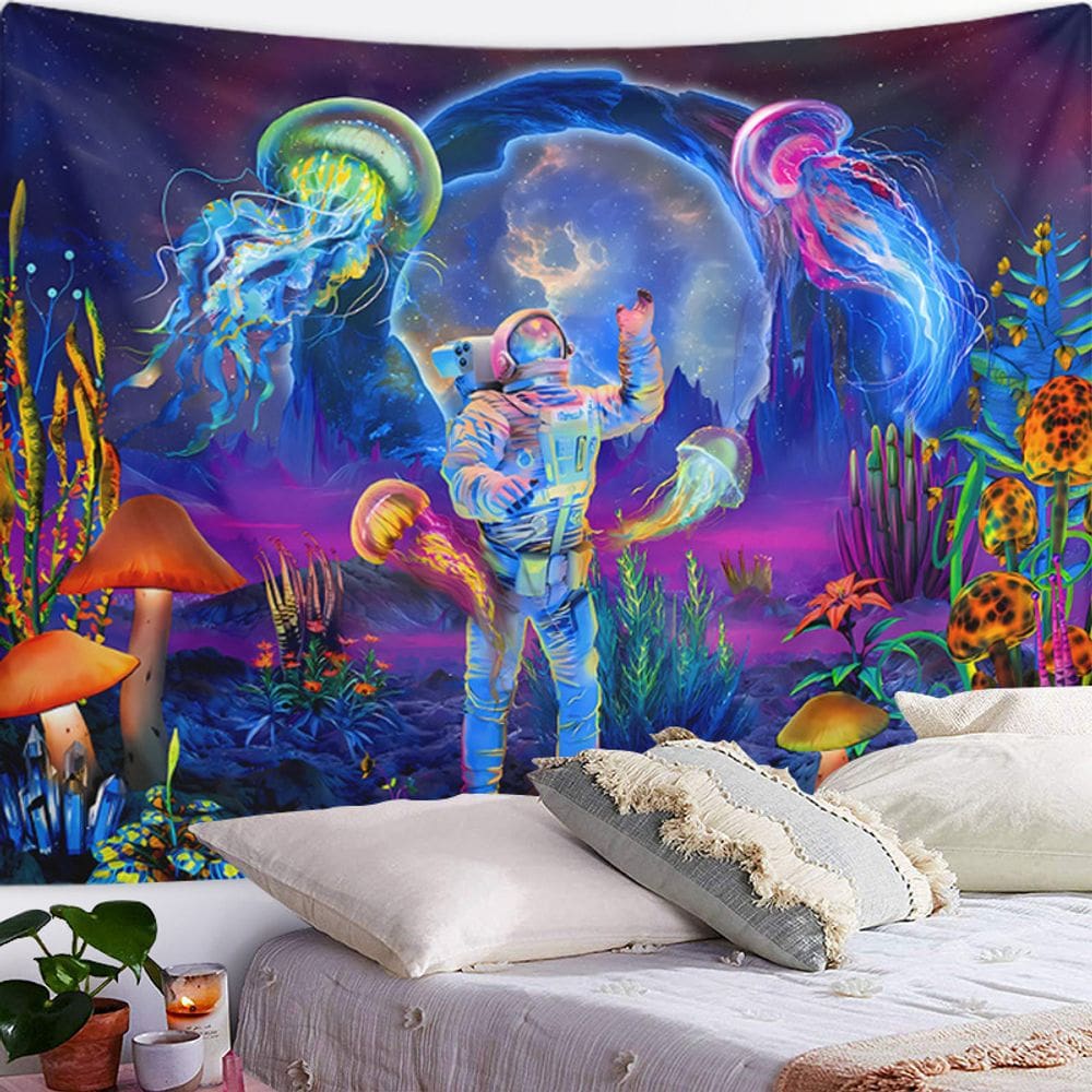 Tapeçaria pendurada na parede Astronauta Trippy Jellyfish Mushroom