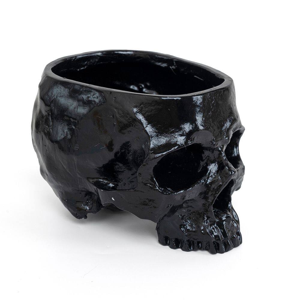 Vaso para plantas gótico com caveira de resina preta 16,5 x 11,5 x 11,5 cm