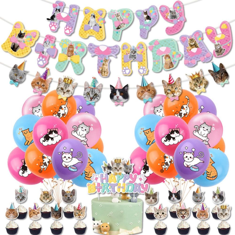 Conjunto de decoração de festa de aniversário com tema de gato, 20 unidades com balões e banner
