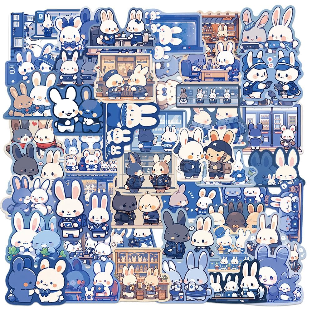 Adesivos Cute Bunny Cartoon Blue Bunny Doodle 50 unidades