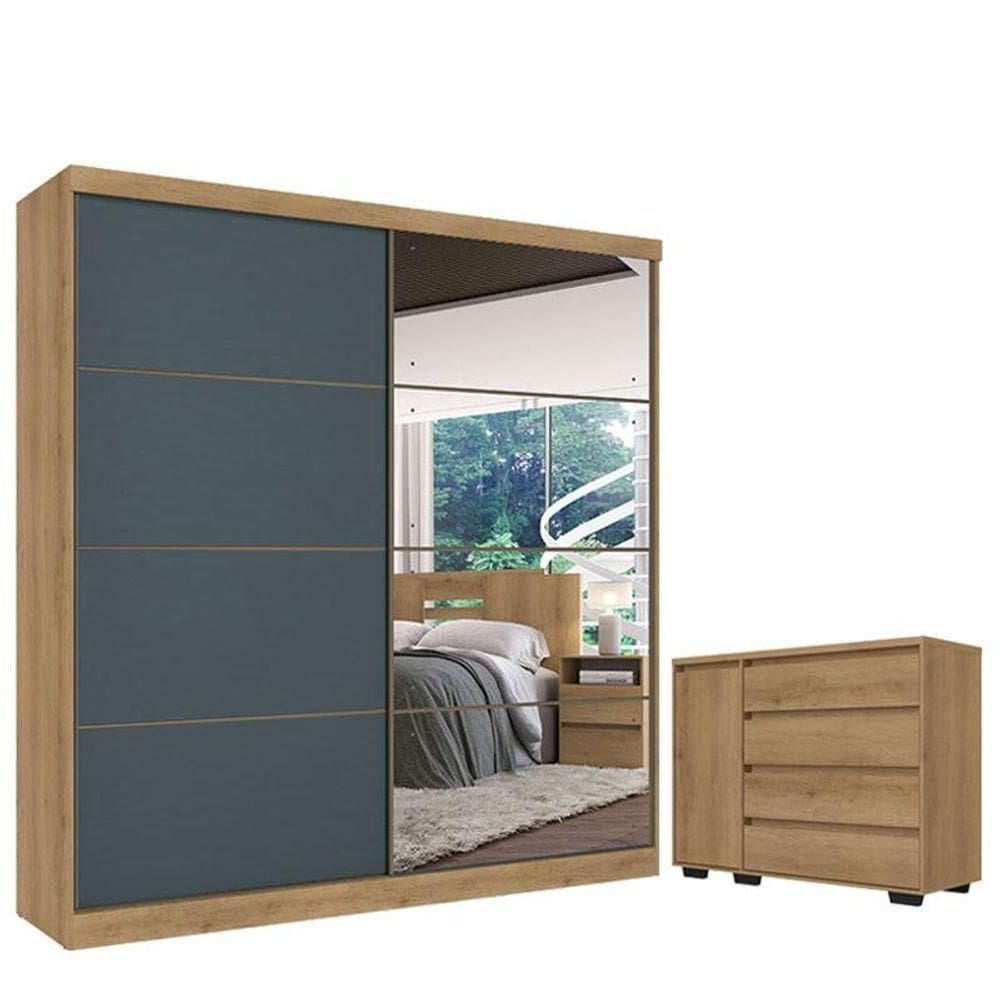 Guarda Roupa Casal Málaga Full Glass 2 Portas Capuccino Azul E Cômoda Com Porta Aurora Cappuccino - Thb