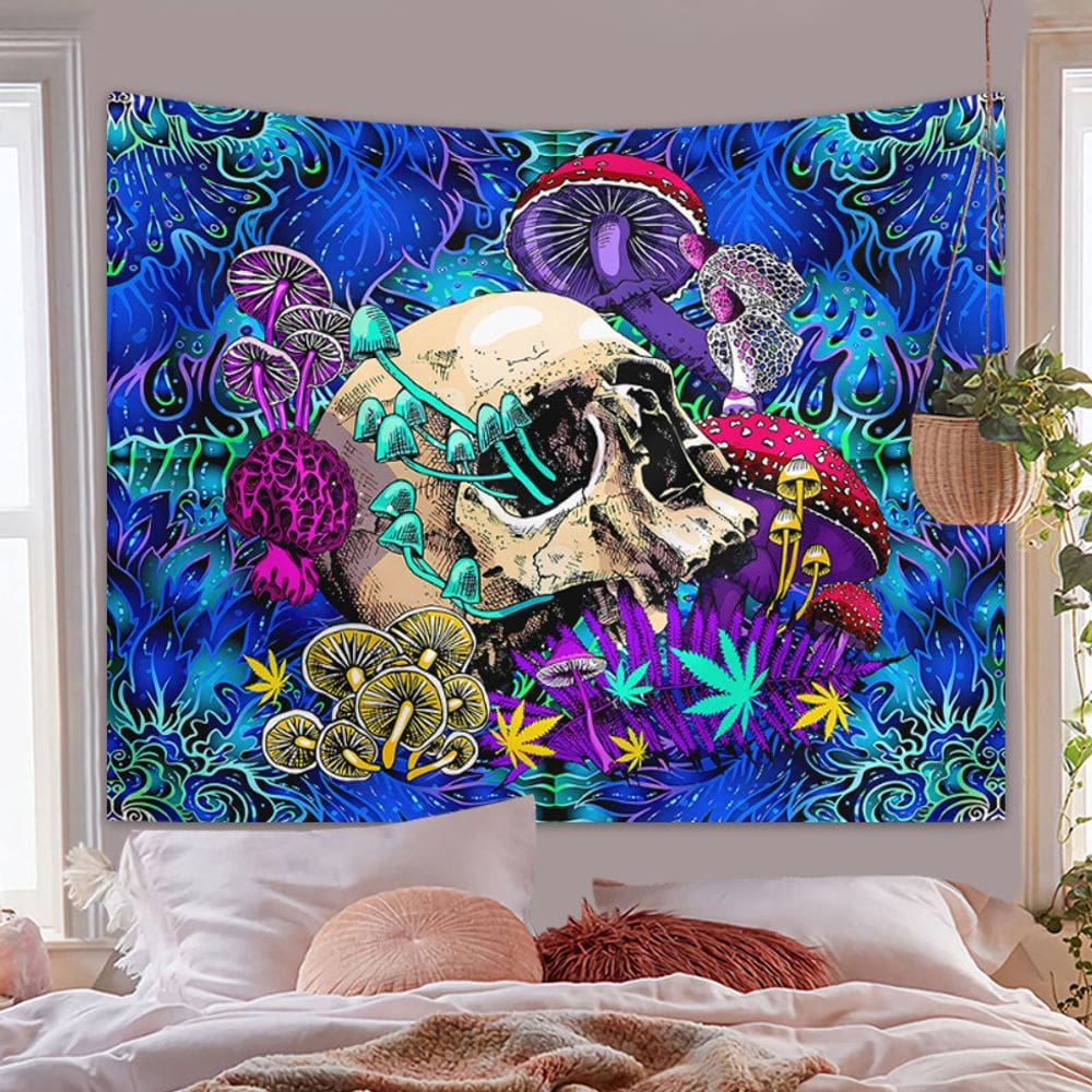 Tapeçaria para pendurar na parede Trippy Skull Mushroom 150x130cm