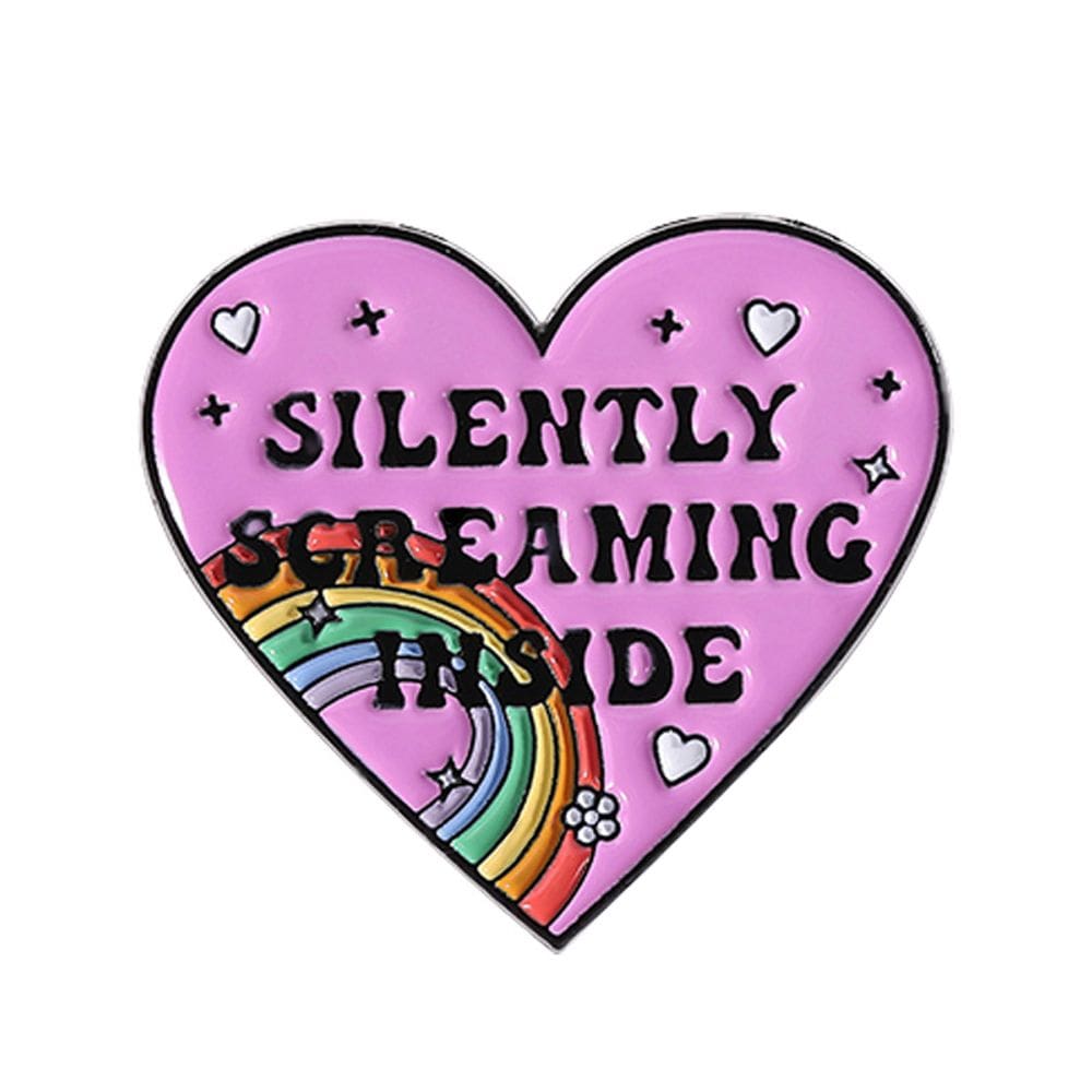 Broche em forma de coração “Silently Screaming Inside” com arco-íris