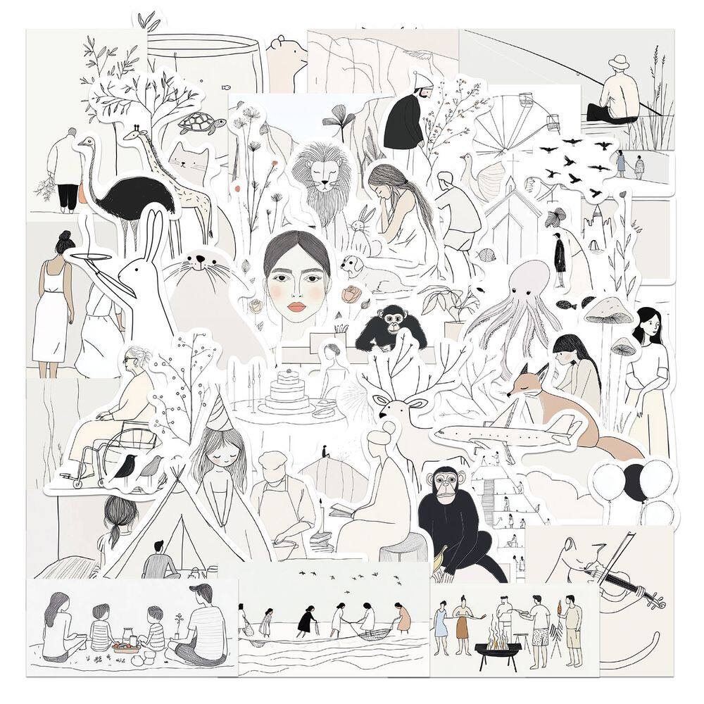 Conjunto de adesivos Doodle em preto e branco, 50 peças de arte minimalista