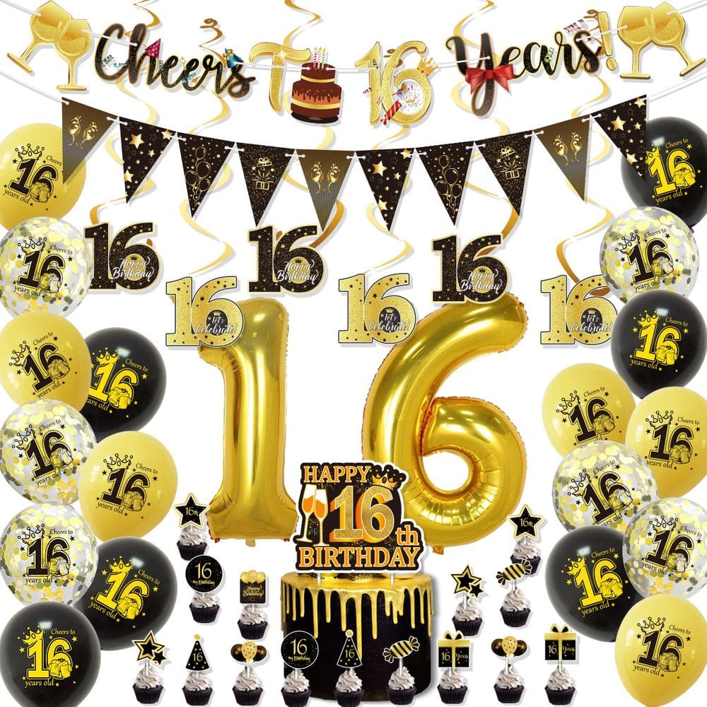 Kit de balões de festa de aniversário de 16 anos | Dourado e preto
