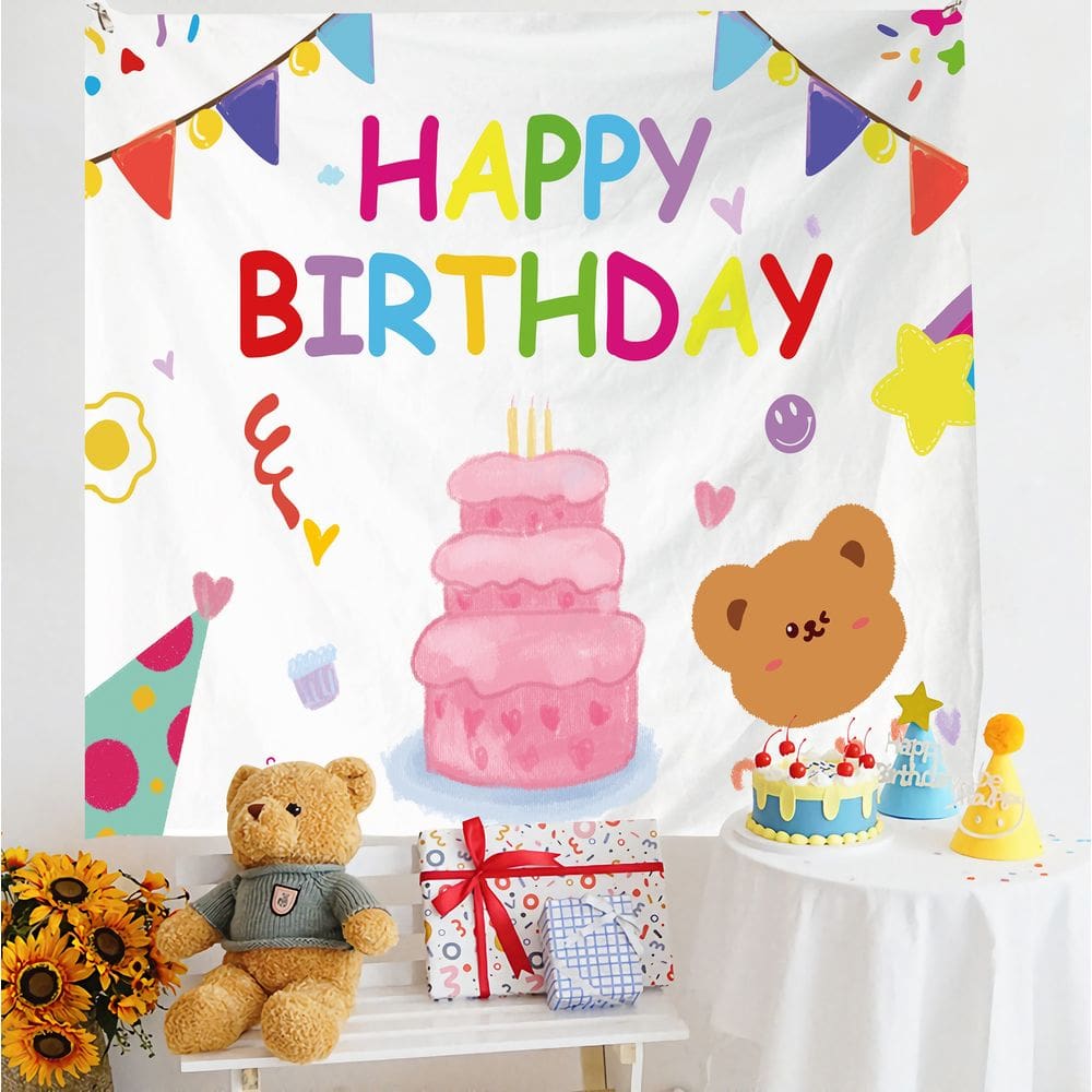 Tapeçaria para pendurar na parede, festa de aniversário, desenho animado, urso 130x150cm