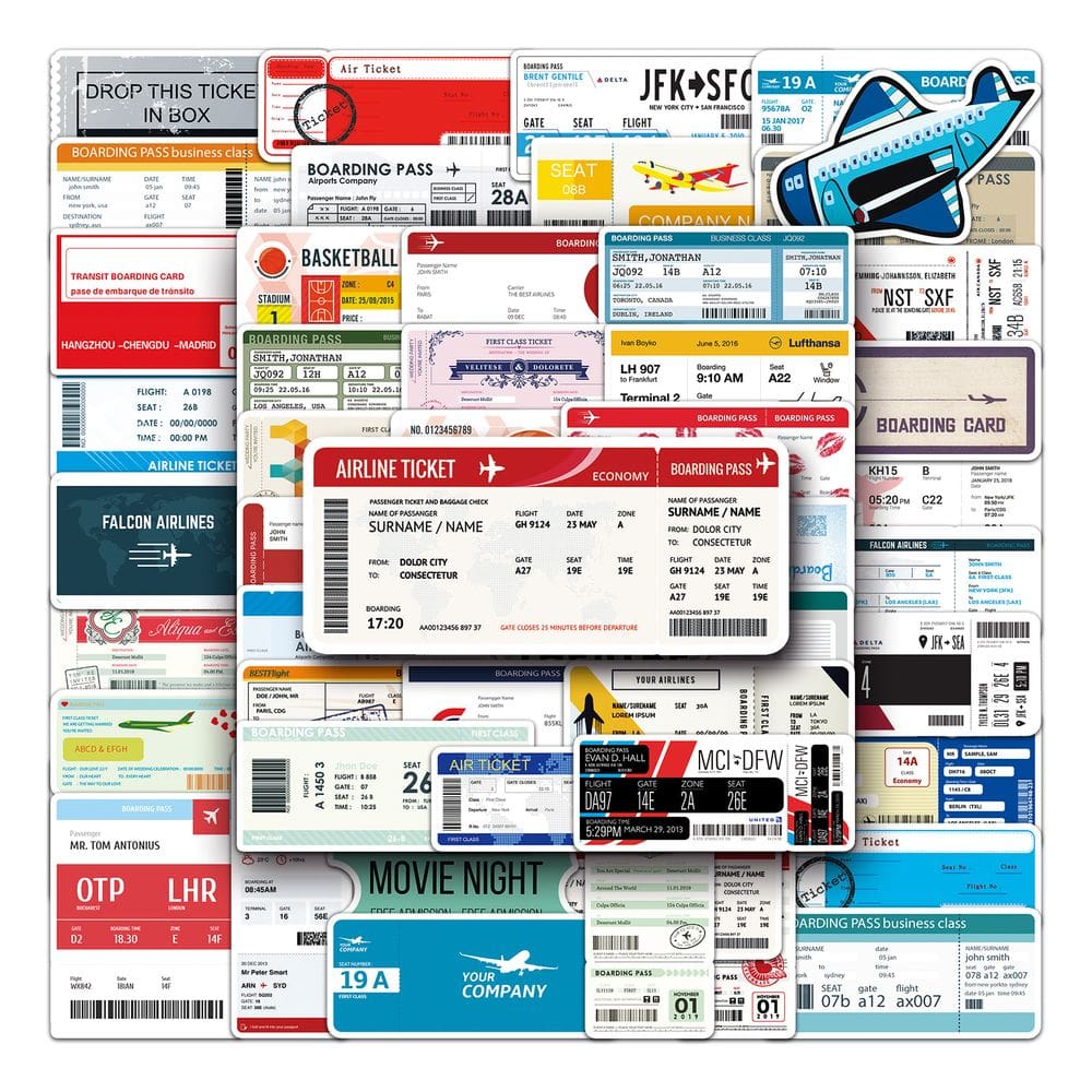 Pacote de adesivos: cartão de embarque, 52 unidades, bilhete de avião retrô, Vin