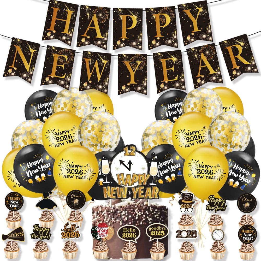 Conjunto de decorações de festa: 41 peças, tema de ouro preto e ano novo de 2026