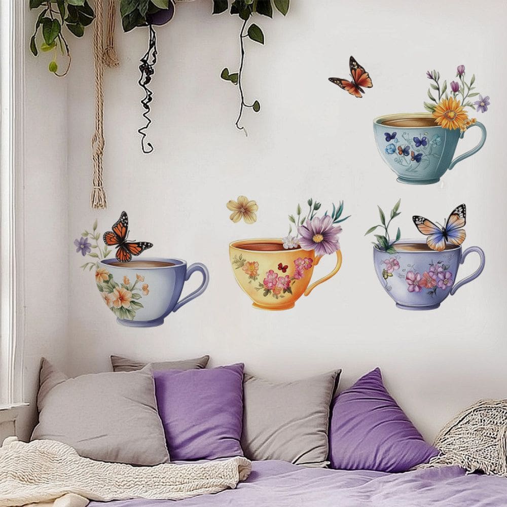 Adesivo de parede para copos de chá em aquarela Decalque removível em PVC 30x90cm