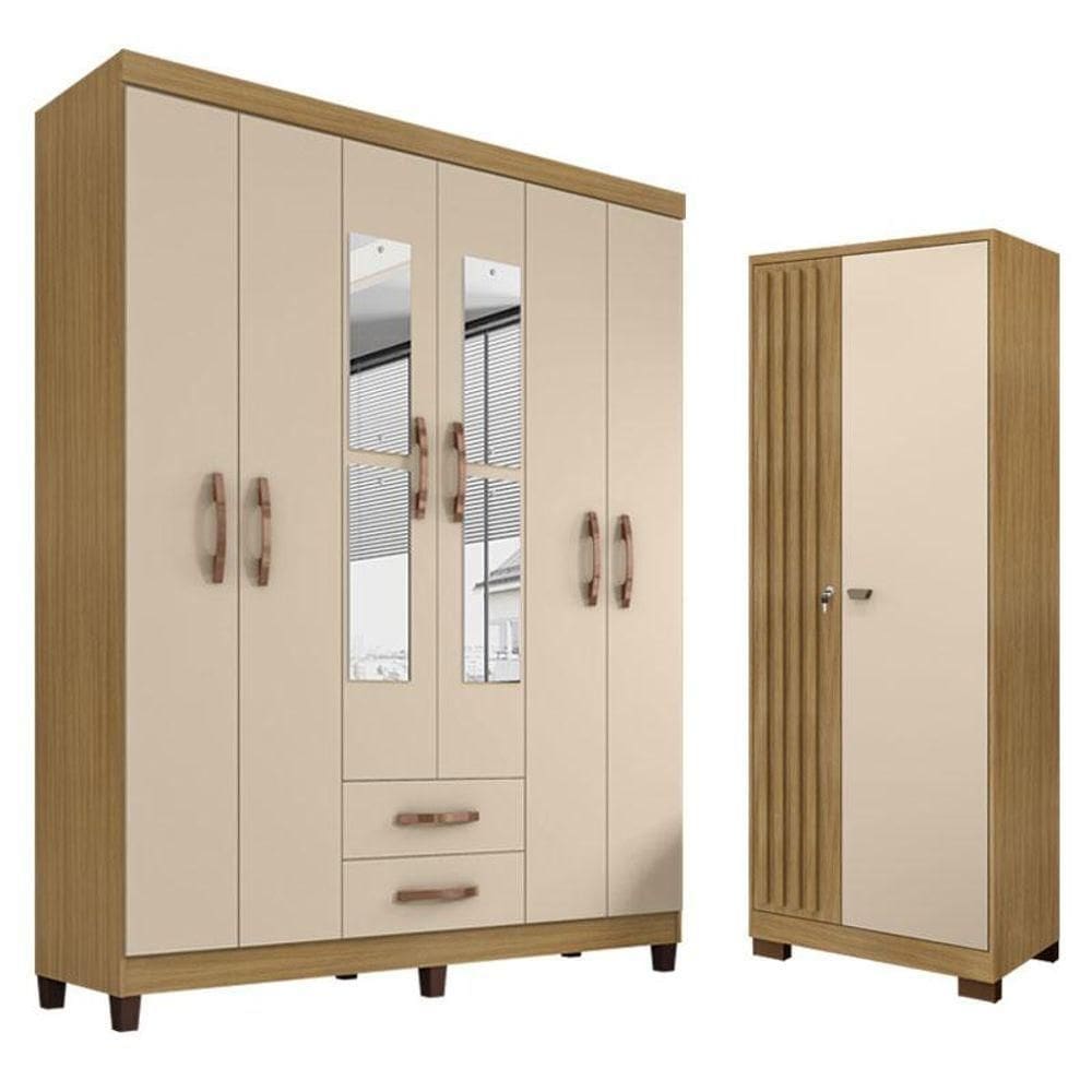 Guarda Roupa Casal Modena Com Espelho 6 Portas E Armário Multiuso Versatile Carvalho Americano Off White - Incorplac
