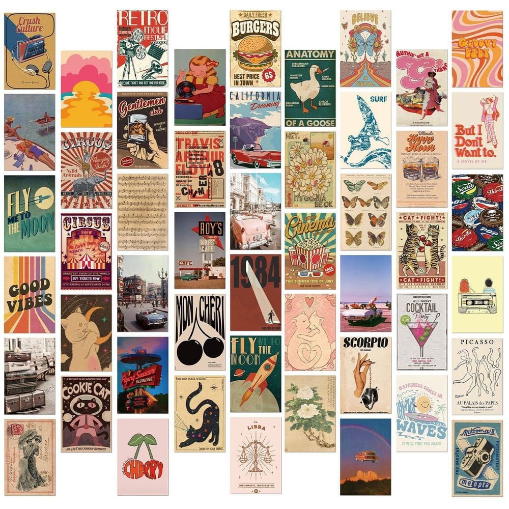 Pacote de adesivos, pôster retrô, estética vintage, 50 unidades