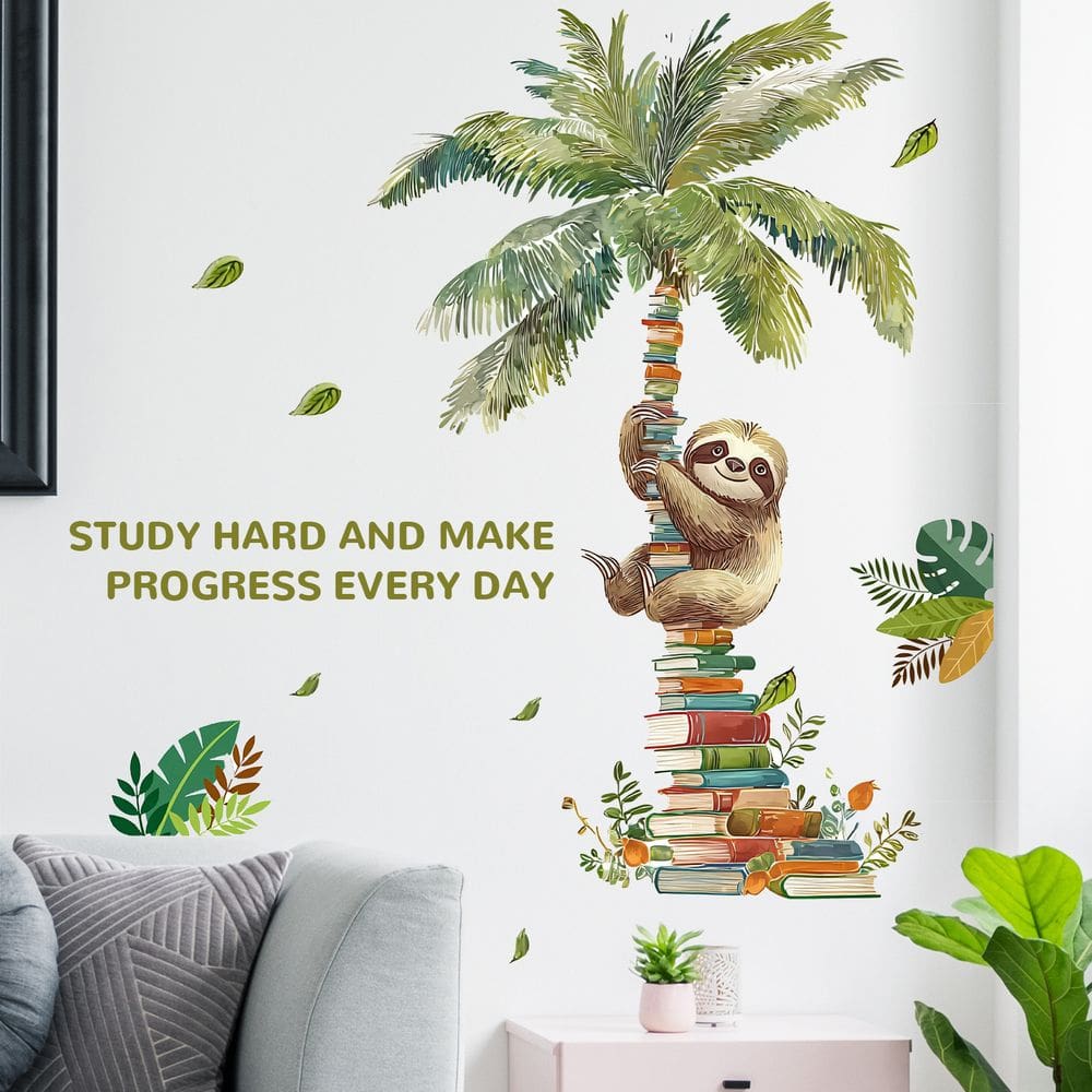 Adesivo de parede Sloth Climbing Books com citação inspiradora