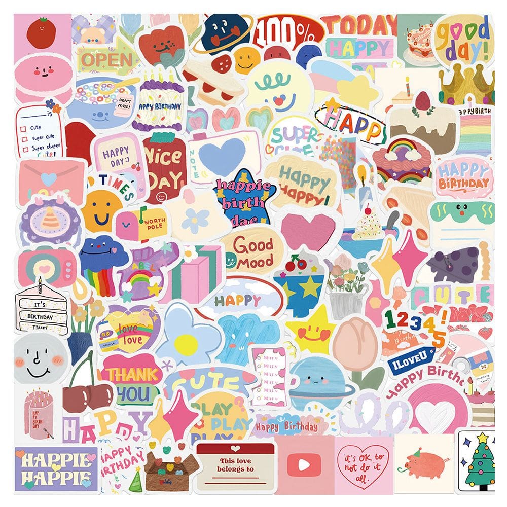 Pacote de adesivos de aniversário, 90 peças, estético de desenho animado, impermeável