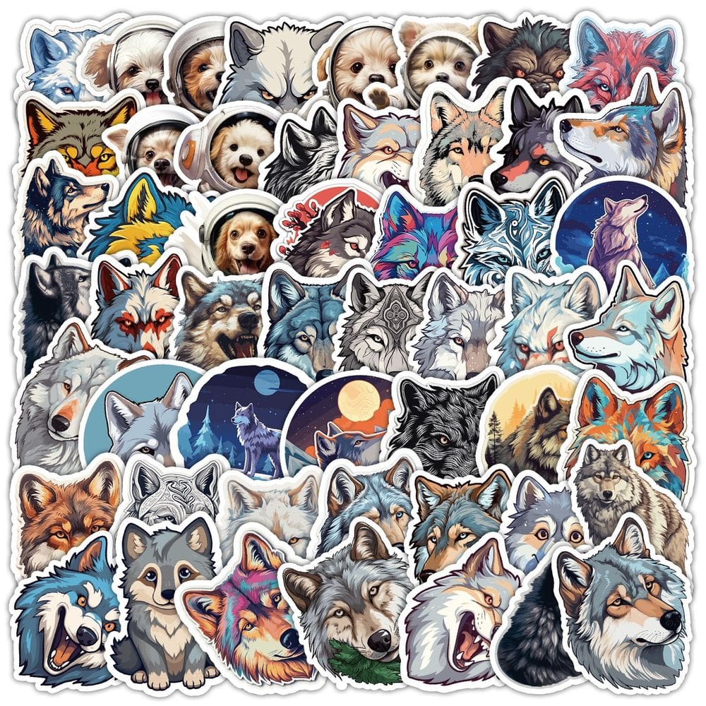 Pacote de adesivos Wolf and Dog, 50 unidades de desenhos animados e animais realistas