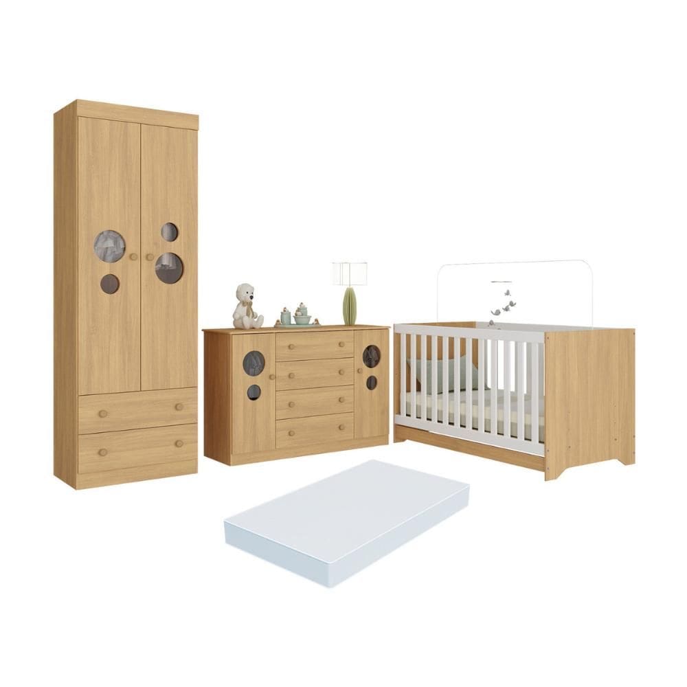 Quarto de Bebê Completo com Berço Americano 3 em 1 Colchão Incluso Pirulito Multimóveis MP4641
