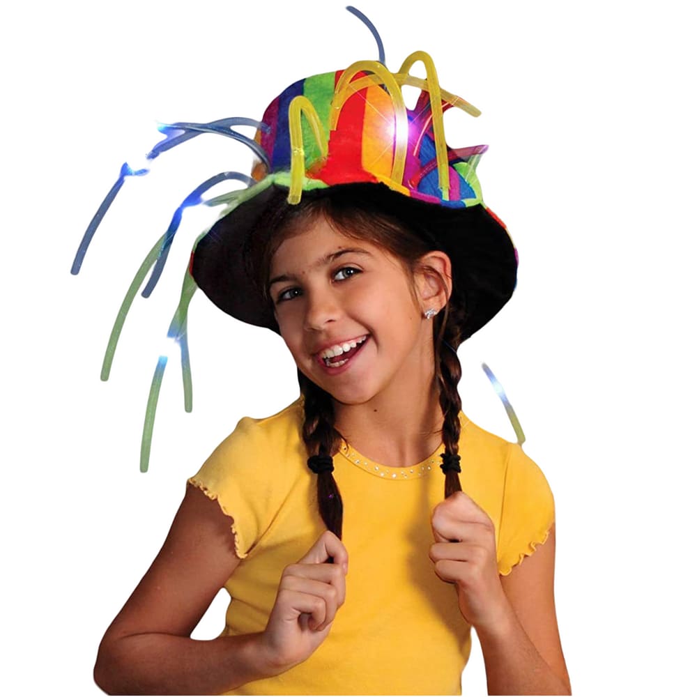 Chapéu de palhaço Rainbow com luzes LED, jeans, tamanho único para crianças e adultos