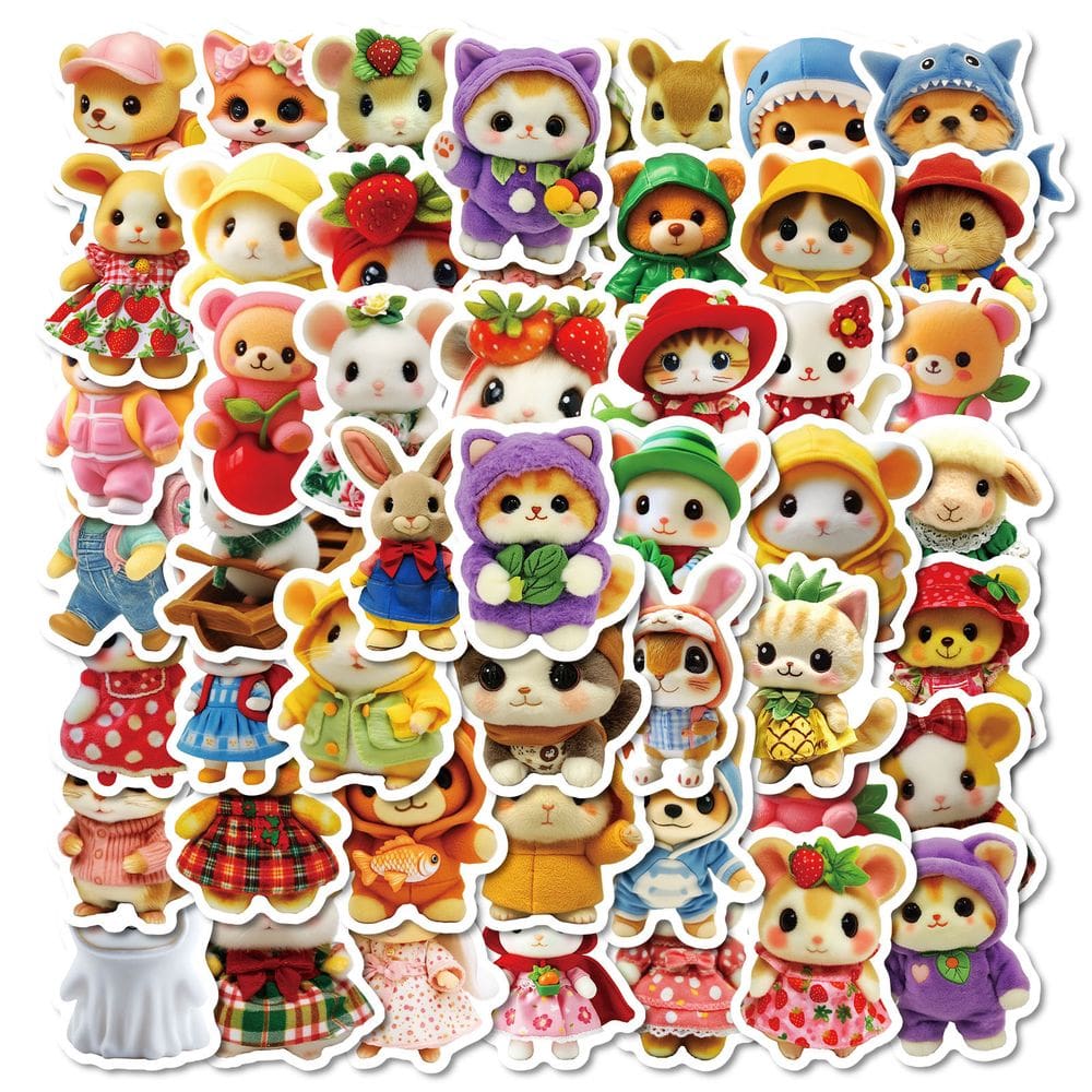 Pacote de adesivos: fofo animal de pelúcia, 50 peças de decalque de desenho animado Kawaii