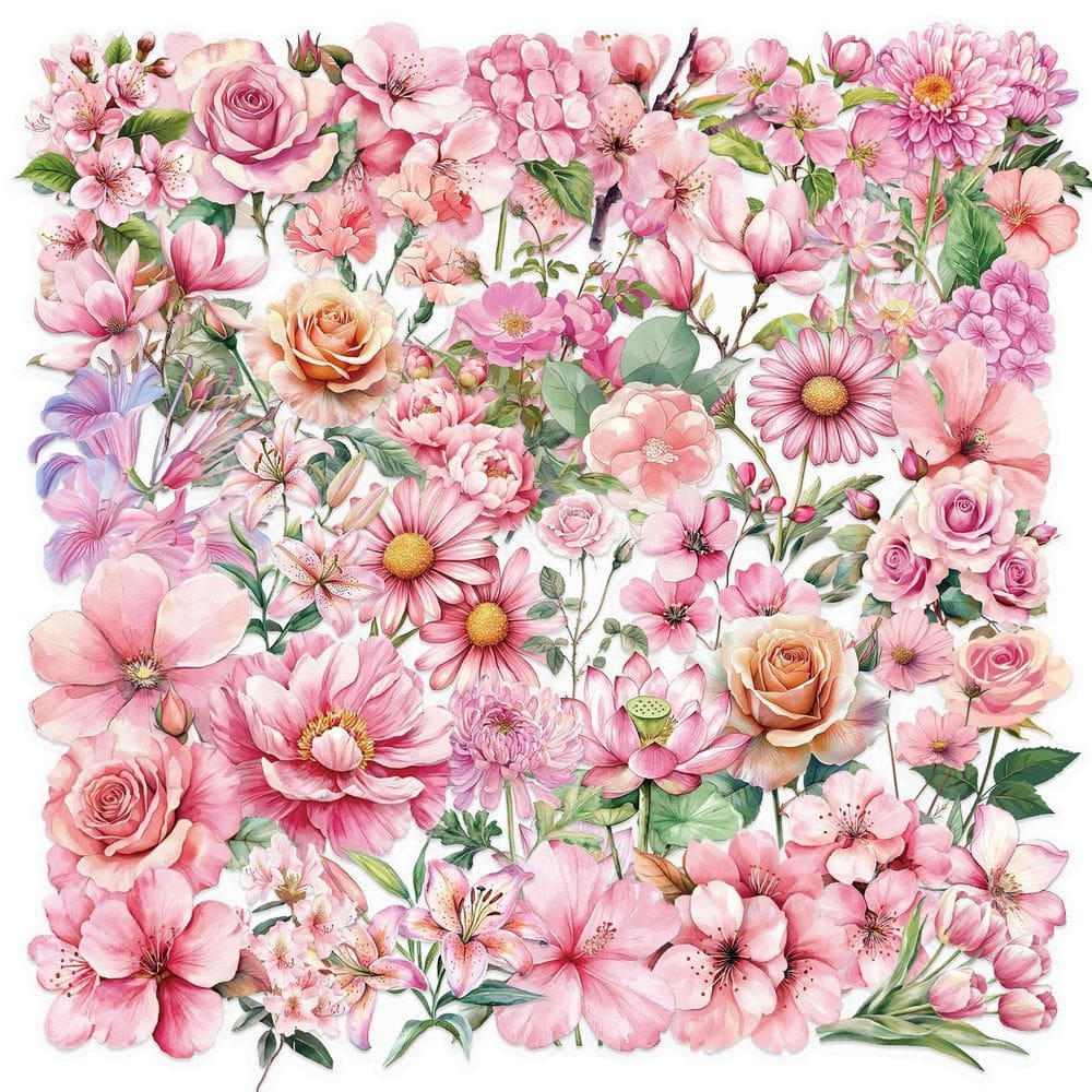 Pacote de adesivos Generic Pink Flower PET 50 unidades Aesthetic Rose