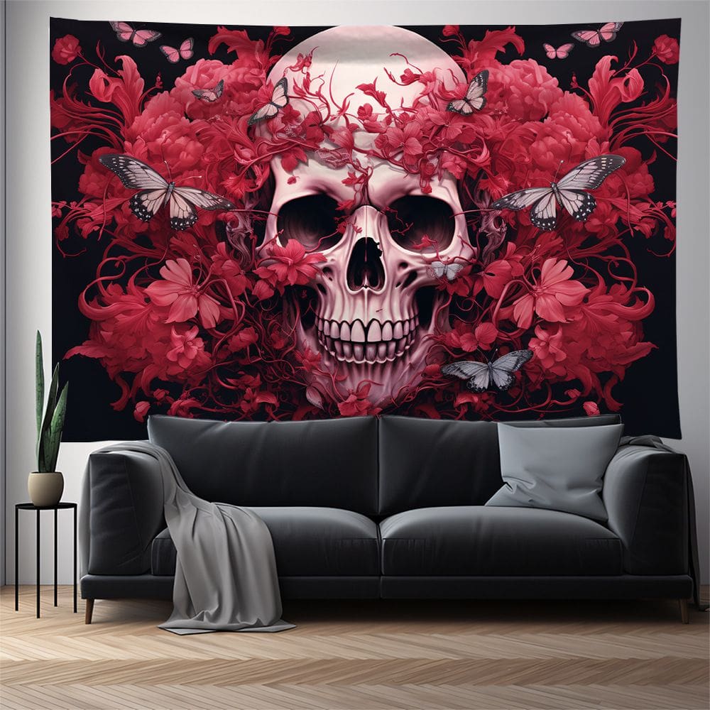 Tapeçaria para pendurar na parede, caveira floral gótica, 150x130cm, pelúcia