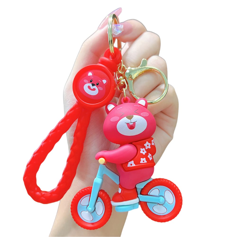Chaveiro Cute Strawberry Bear, desenho animado, urso vermelho em bicicleta