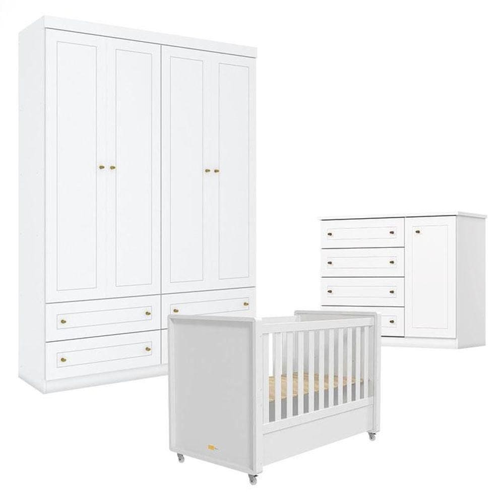 Quarto Infantil 4 Portas Americano Com Berço Tutto New Branco Fosco - Matic