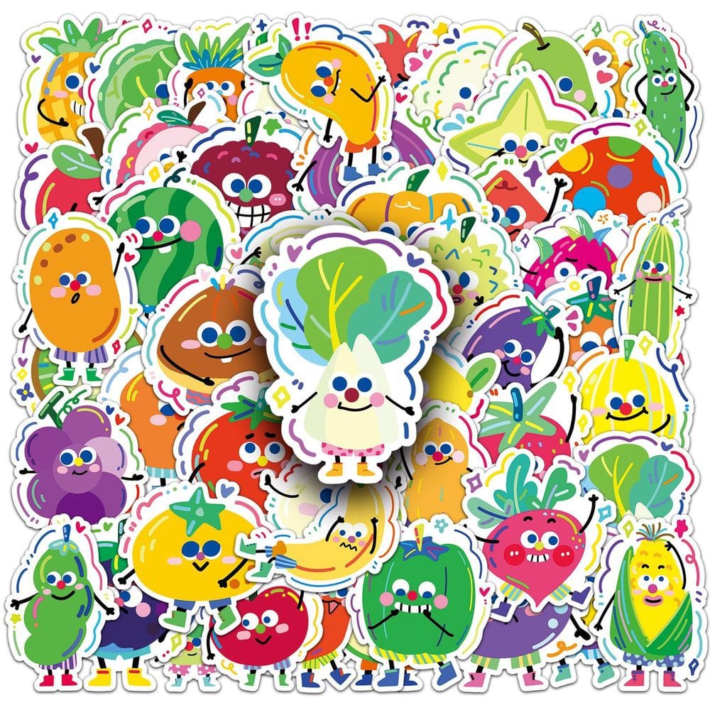 Pacote de adesivos: 50 peças fofas, estilo desenho animado de vegetais e frutas
