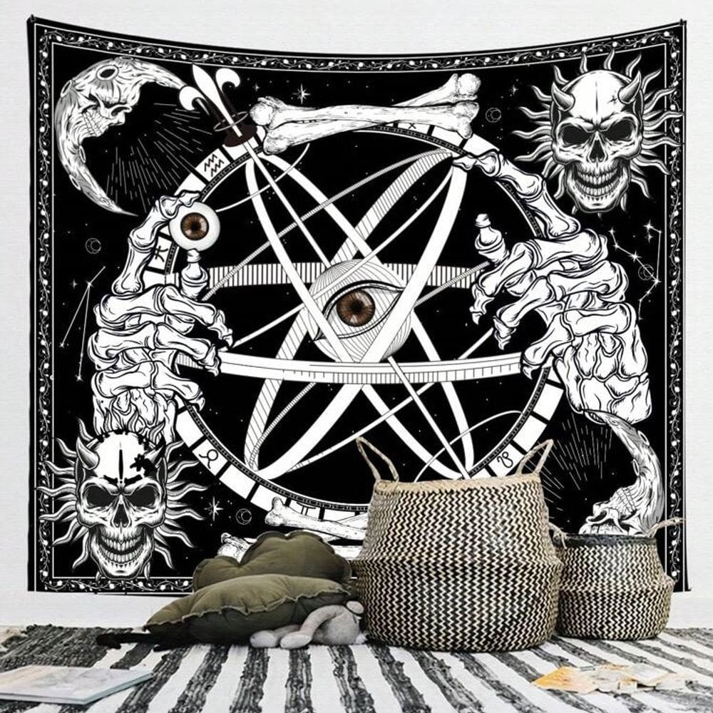 Tapeçaria para pendurar na parede, caveira gótica, preta, branca, 150x130cm