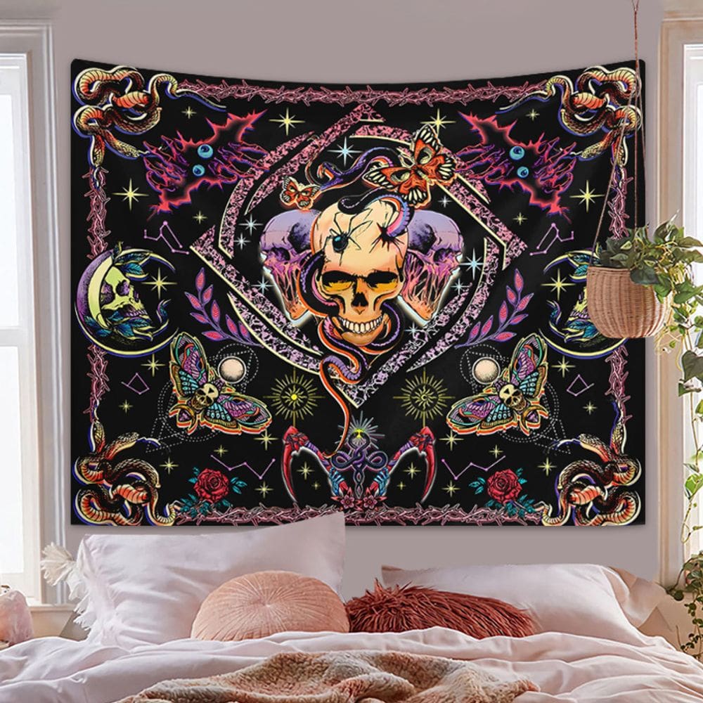 Tapeçaria para pendurar na parede Gothic Skull Snake Butterfly 150x130cm