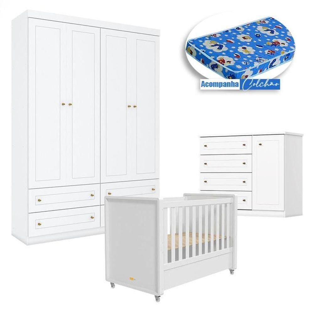 Quarto Infantil 4 Portas Mississipi Com Berço Tutto New Branco Fosco E Colchão Ortobom - Matic