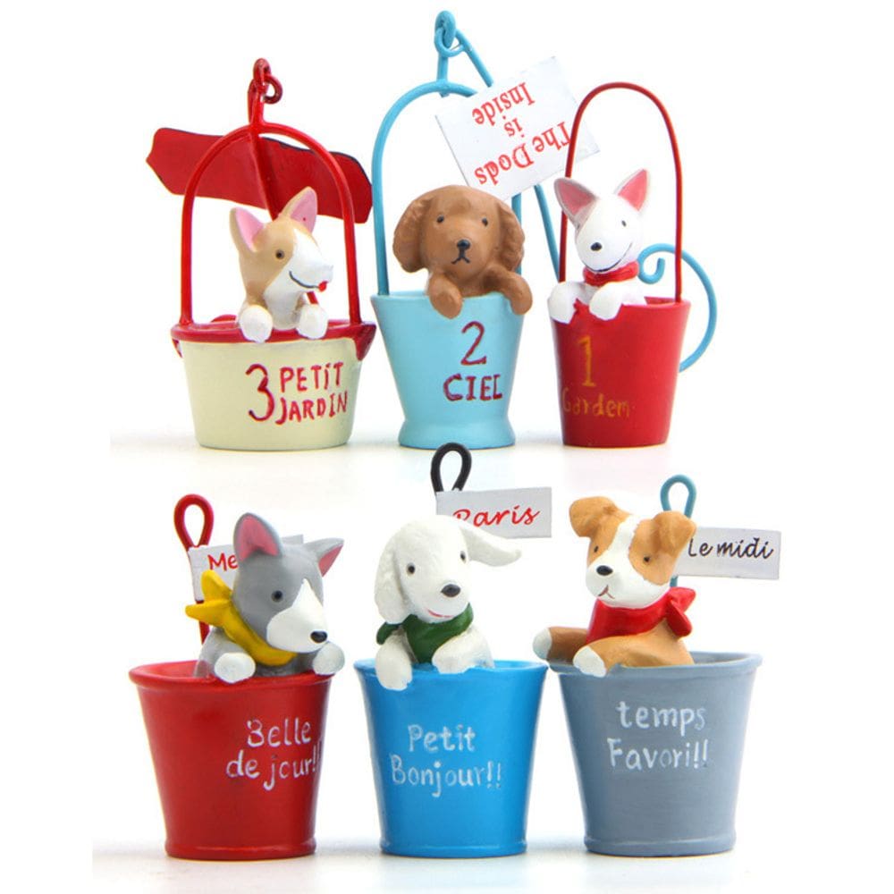 Conjunto de estatuetas Cute Dog com baldes coloridos, decoração de jardim em resina