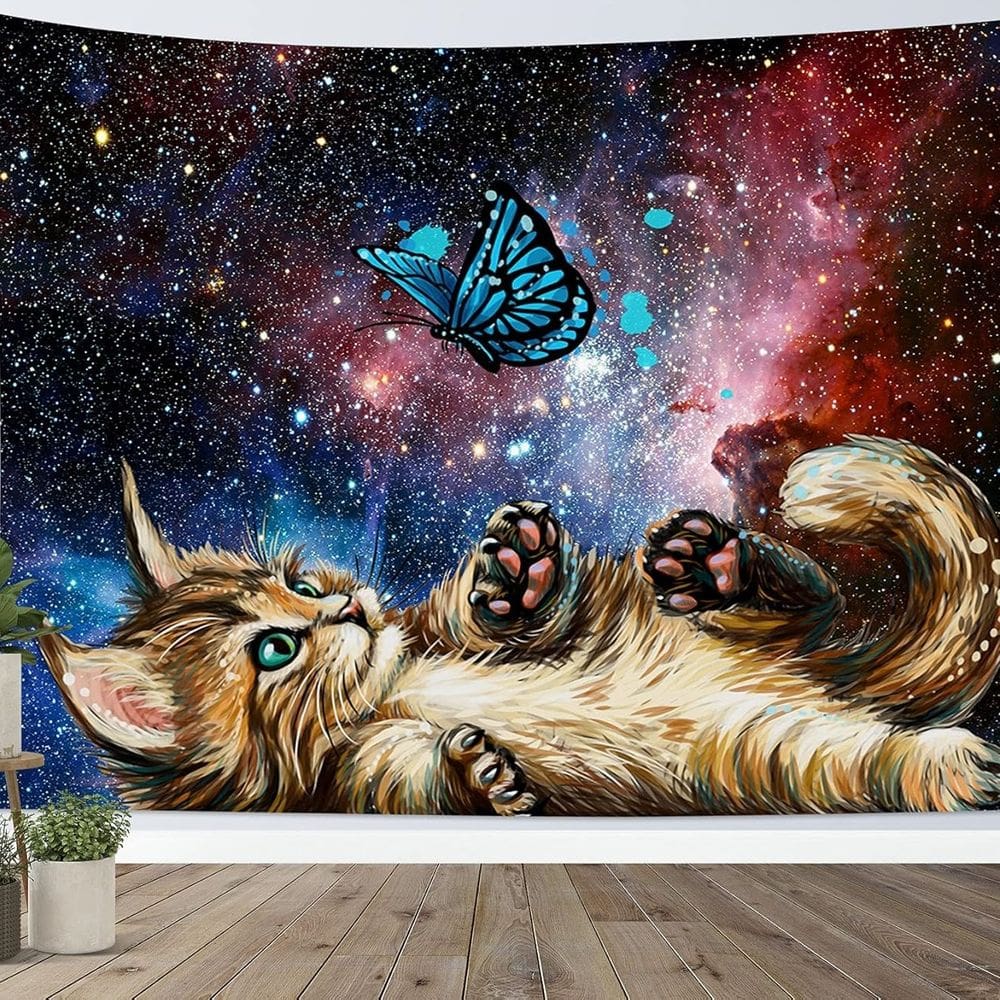 Tapeçaria para pendurar na parede Gato e Borboleta Starry Galaxy 150x130cm