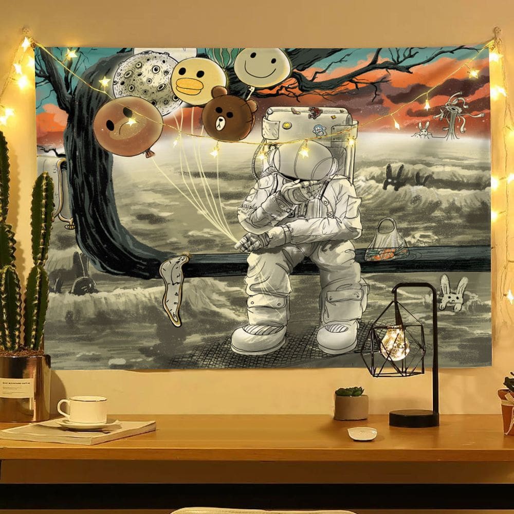 Tapeçaria pendurada na parede, desenho animado de astronauta 150x130cm com luzes
