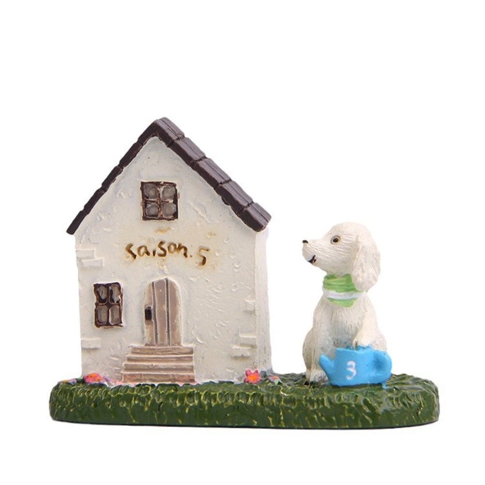 Escultura de cão caprichoso de resina com casa para jardim ou pátio