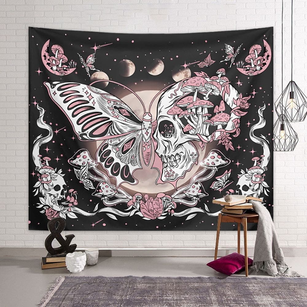 Tapeçaria pendurada na parede Butterfly Skull Gothic 150x130cm