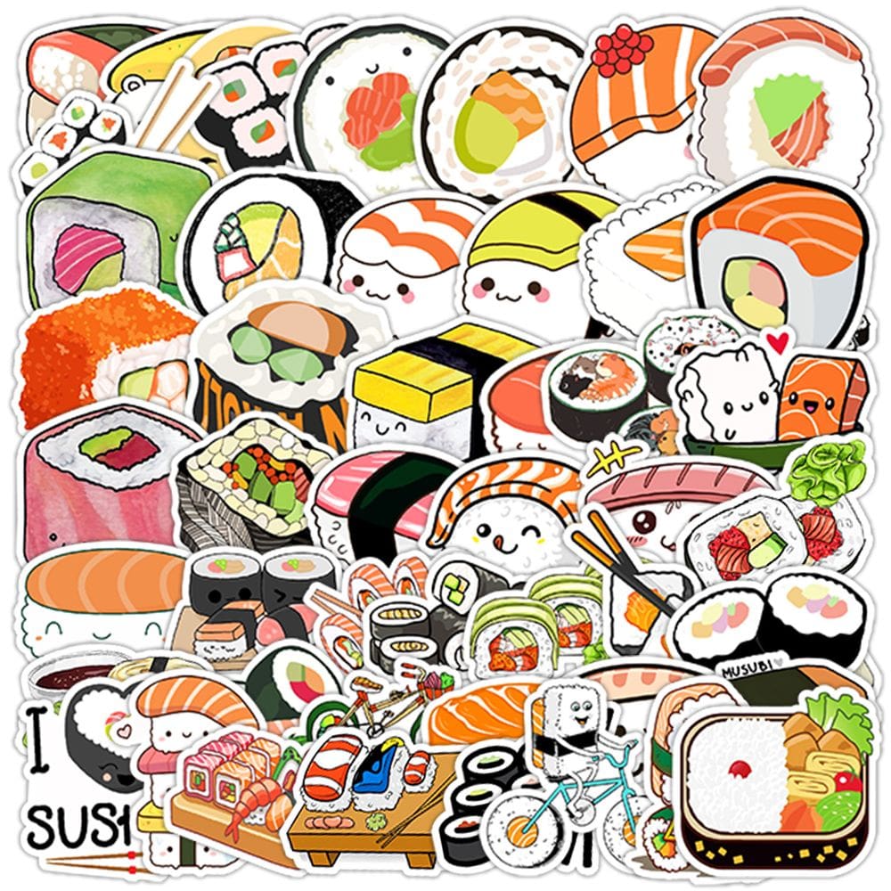 Adesivos Cartoon Sushi, 50 unidades, lindos decalques de sushi Kawaii