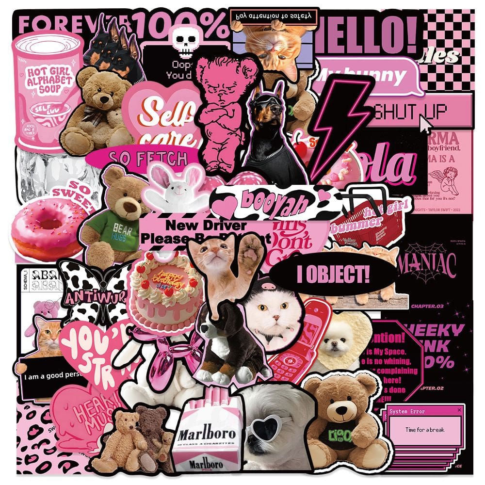 Pacote de adesivos: rosa, estilo grafite, gatos fofos, ursinhos de pelúcia, 55 unidades