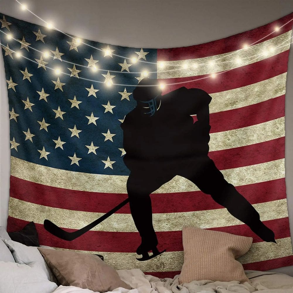 Tapeçaria pendurada na parede, jogador de hóquei no gelo, bandeira americana, 150x130cm