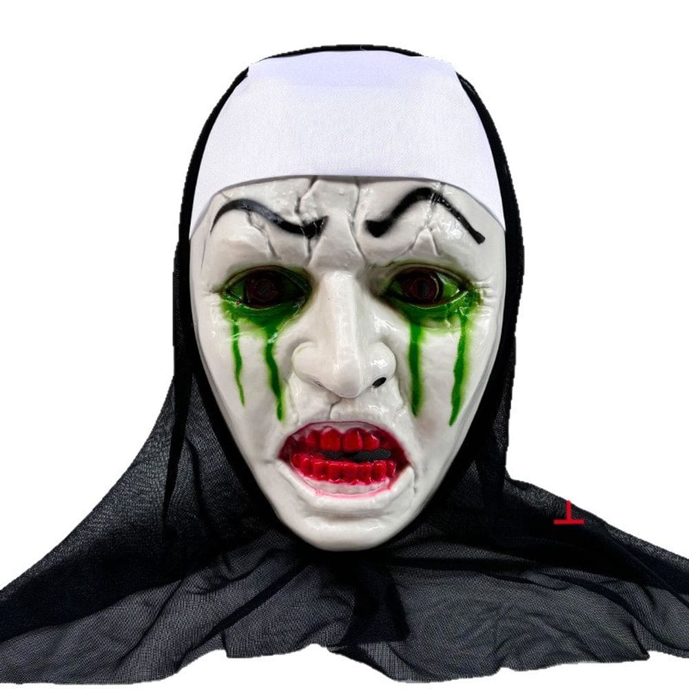 Resina de máscara de freira assustadora de Halloween com lágrimas verdes e dentes vermelhos