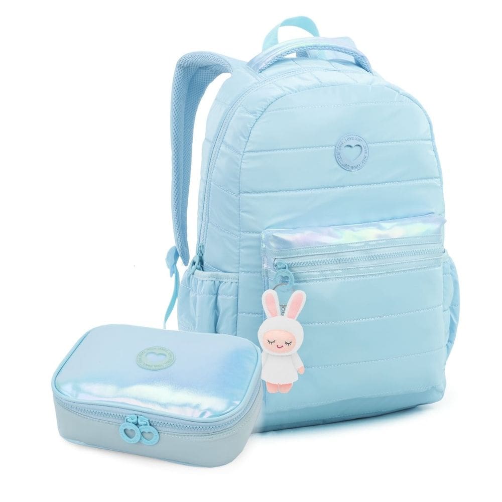 Kit Material Escolar Mochila Estojo Holográfico Chaveiro Coelhinho Azul Menino Menina Volta as Aulas