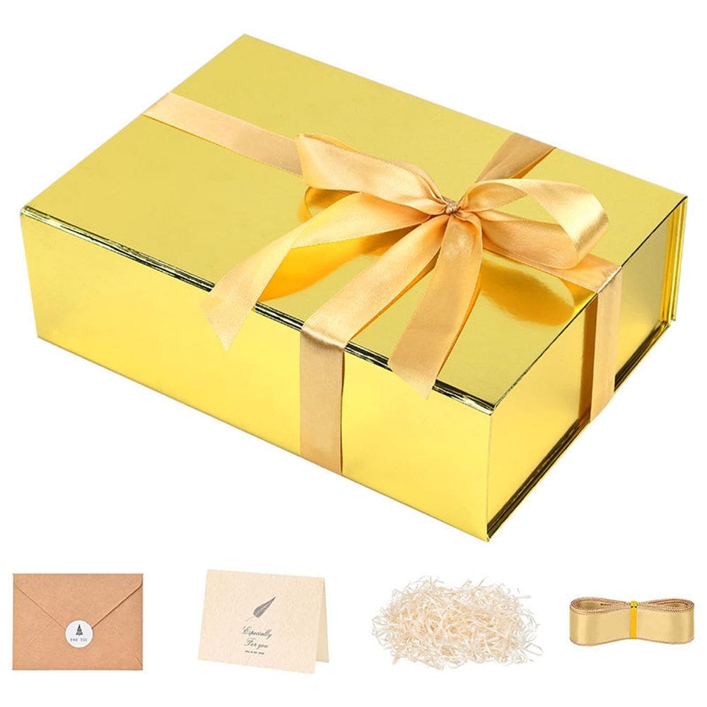 Caixa de presente de papelão dourado com fita e acessórios 20x18x9cm