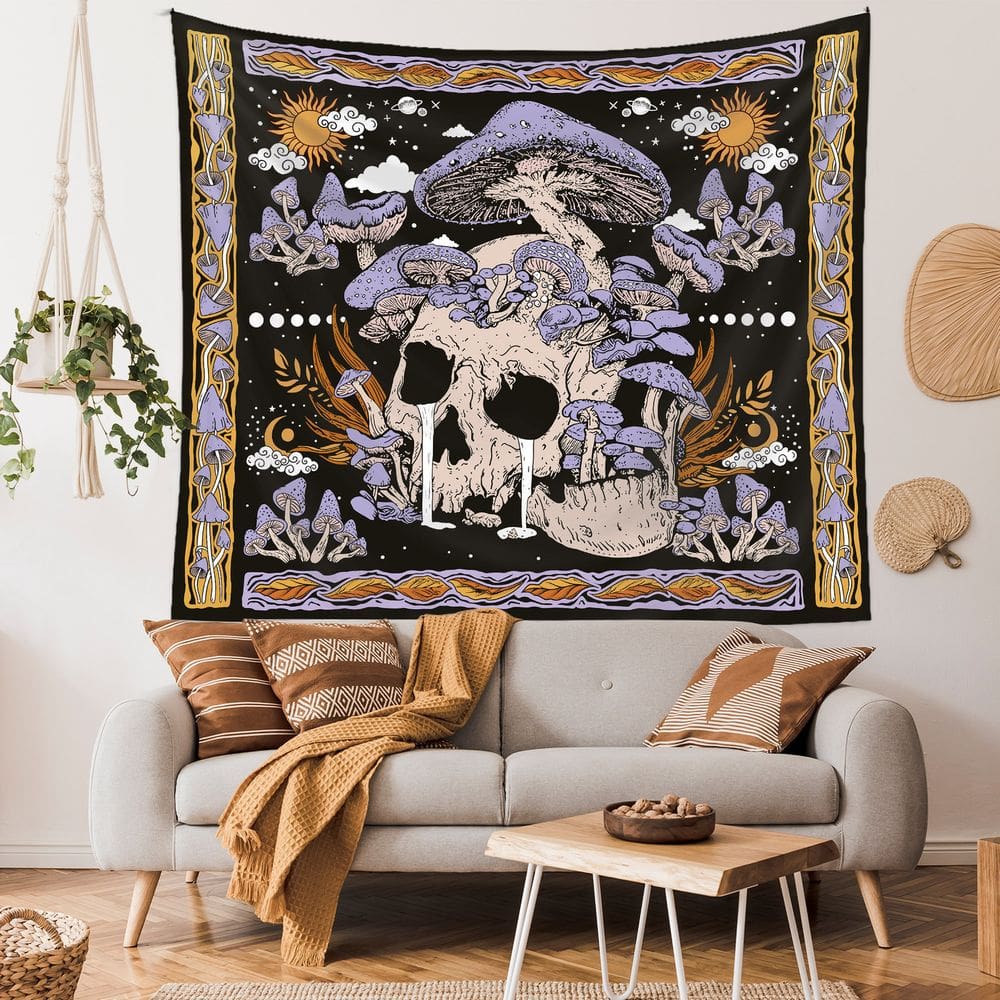 Tapeçaria para pendurar na parede Gothic Psychedelic Skull Mushroom 130x150cm