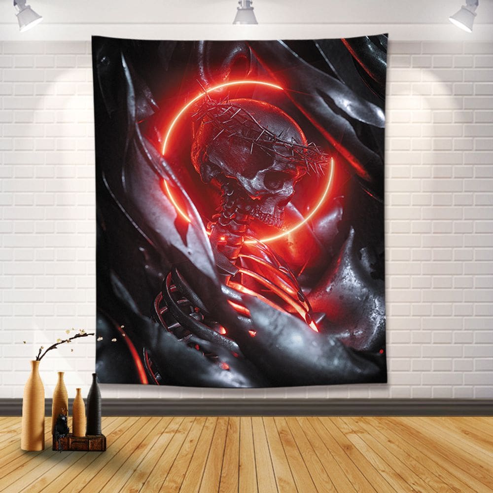 Tapeçaria para pendurar na parede, caveira gótica, vermelho neon, aura 130x150cm