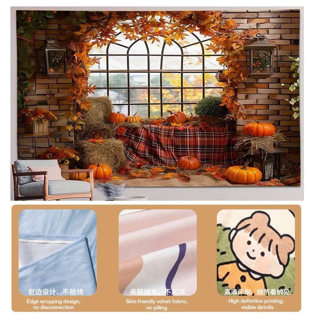 Tapeçaria pendurada na parede com folhas de outono de abóbora no Dia de Ação de Graças