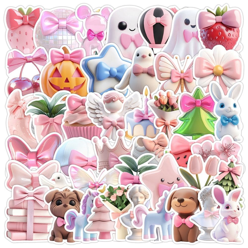 Pacote de adesivos rosa de desenho animado, laço e decalques de animais x50