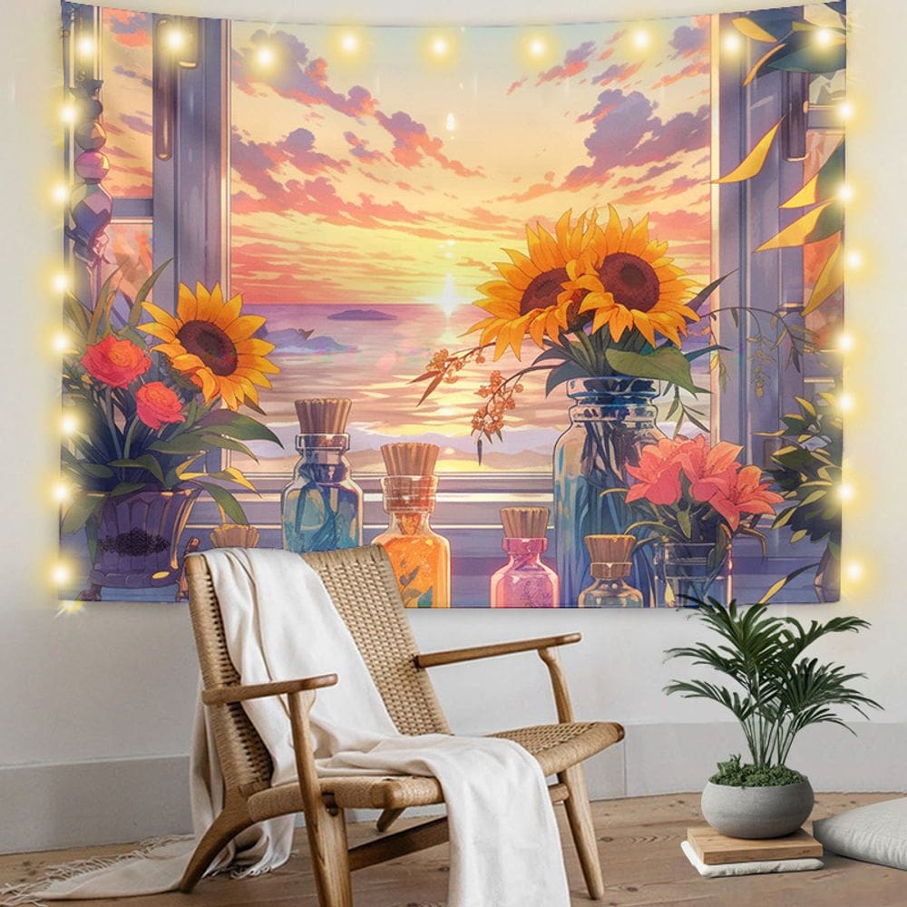 Tapeçaria pendurada na parede com vista para janela de girassol com luzes LED 150x130cm